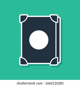 Blue Ancient magic book with alchemy recipes and mystic spells and enchantments icon isolated on green background.  Vector Illustration