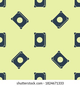 Blue Ancient magic book with alchemy recipes and mystic spells and enchantments icon isolated seamless pattern on yellow background.  Vector Illustration