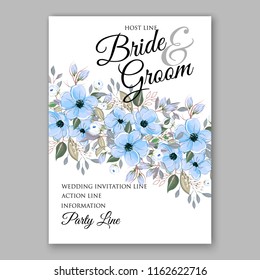 Blue Anemona wedding invitation card template vector floral background