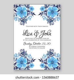 Blue anemone Peony wedding invitation card template