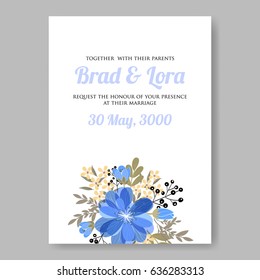 Blue anemone Wedding floral invitation vector template