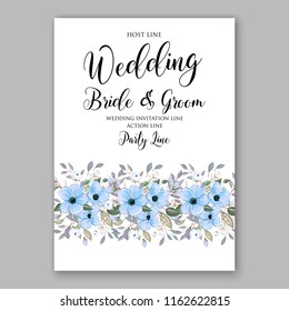 Blue anemone wedding invitation vector floral template background