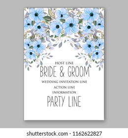 Blue anemone wedding invitation vector floral template background