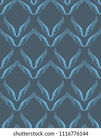Blue angel bird wings vector simple design seamless pattern on gray background for textile and wrapping paper. Romantic cute valentines day decoration.