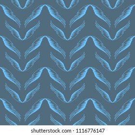Blue angel bird wings vector simple design seamless pattern on gray background for textile and wrapping paper. Romantic cute valentines day decoration.