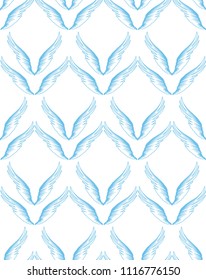 Blue angel bird wings vector light simple design seamless pattern for textile and wrapping paper. Romantic cute valentines day decoration.