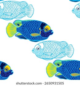 Blue angel fish. Colored hand drawn silhouettes and outlines on white.  Stylish seamless pattern on marine theme. Perfect for design templates, wallpaper, wrapping, fabric, print and textile. 