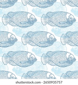 Blue angel fish. Colored hand drawn outlines on white.  Stylish seamless pattern on marine theme. Perfect for design templates, wallpaper, wrapping, fabric, print and textile. 