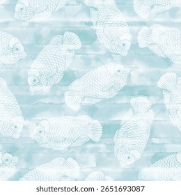 Blue angel fish. White silhouettes on blue watercolor. Seamless vector pattern with  sea ​​creatures. Nature stylish background. Perfect for wallpaper, wrapping, fabric, print and textile. 