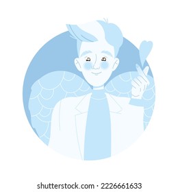 Blue Angel Man with Wings Showing Heart Gesture Suggesting Something Good Vector Illustration