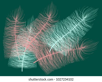 Blue Angelic Fluff. Beautiful Hand Drawn Feathers Isolated. Fluff for Wallpaper, Illustration, Carnival, Masquerade, Invitation, Paper, Textile. Decoration Element for Your Design.