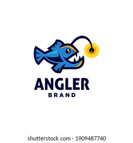 Blue Angler Fish With Bait Light Cartoon Logo, Deep Fish Mascot Icon Design Vector Illustration In Sport Style.