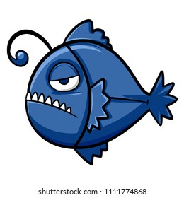 blue Anglerfish vector in a bad mood, cartoon character. Hunter in the Deep sea blue hunter with scary face, sharp teeth and a bad temper from the cruelty from the ocean,unique fish design.