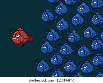 blue Anglerfish vector in a bad mood, cartoon character. Hunter in the Deep sea blue hunter with scary face, sharp teeth and a bad temper from the cruelty from the ocean,unique fish design.
