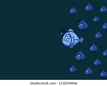 blue Anglerfish vector in a bad mood, cartoon character. Hunter in the Deep sea blue hunter with scary face, sharp teeth and a bad temper from the cruelty from the ocean,unique fish design.