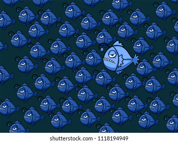 blue Anglerfish vector in a bad mood, cartoon character. Hunter in the Deep sea blue hunter with scary face, sharp teeth and a bad temper from the cruelty from the ocean,unique fish design.