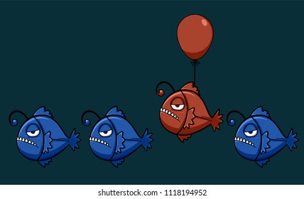 blue Anglerfish vector in a bad mood, cartoon character. Hunter in the Deep sea blue hunter with scary face, sharp teeth and a bad temper from the cruelty from the ocean,unique fish design.