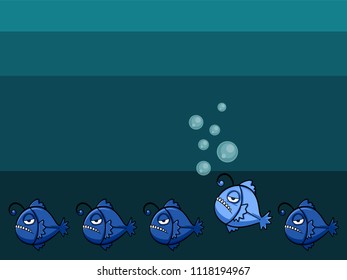 blue Anglerfish vector in a bad mood, cartoon character. Hunter in the Deep sea blue hunter with scary face, sharp teeth and a bad temper from the cruelty from the ocean,unique fish design.