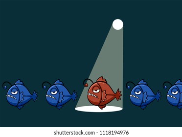 blue Anglerfish vector in a bad mood, cartoon character. Hunter in the Deep sea blue hunter with scary face, sharp teeth and a bad temper from the cruelty from the ocean,unique fish design.