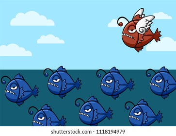 blue Anglerfish vector in a bad mood, cartoon character. Hunter in the Deep sea blue hunter with scary face, sharp teeth and a bad temper from the cruelty from the ocean,unique fish design.