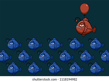 blue Anglerfish vector in a bad mood, cartoon character. Hunter in the Deep sea blue hunter with scary face, sharp teeth and a bad temper from the cruelty from the ocean,unique fish design.