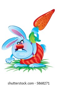 blue angry rabbit beats big carrot on the ground and is very angry, vector illustration