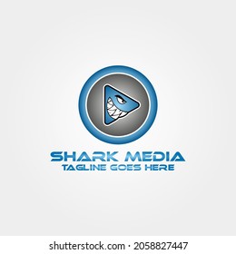 blue angry shark play button inside circle cartoon style vector logo design for multimedia store and app