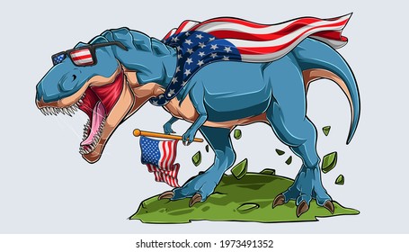 Blue angry T Rex dinosaur with American flag and USA sunglasses independence day 4th of July and memorial day