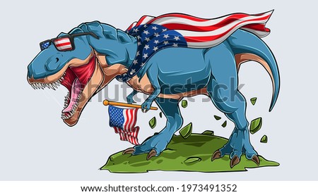 Blue angry T Rex dinosaur with American flag and USA sunglasses independence day 4th of July and memorial day