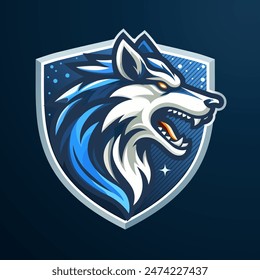 Diseño de logotipo de exportación de mascota Lobo enojado azul. El logo de Wolf presenta una cabeza de lobo estilizada dentro de una forma de escudo. Ilustración vectorial