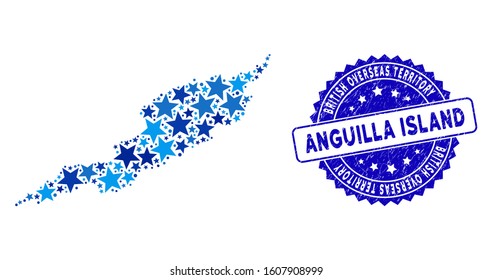 Blue Anguilla Island map composition of stars, and textured rounded stamp. Abstract territorial scheme in blue shades. Vector Anguilla Island map is designed of blue stars.