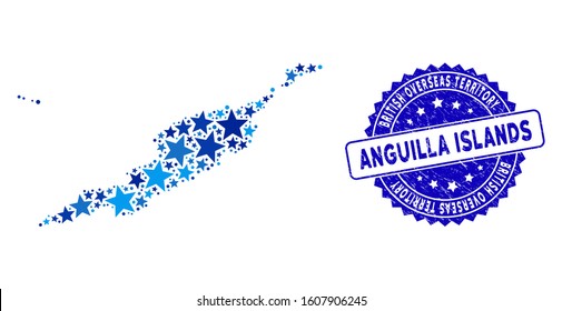 Blue Anguilla Islands map mosaic of stars, and distress rounded stamp seal. Abstract geographic scheme in blue color hues. Vector Anguilla Islands map is organized of blue stars.