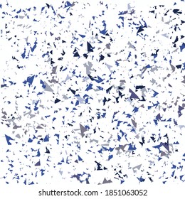 Blue angular particles, as if moving above a white background. Ceramic tile pattern. Textile design.