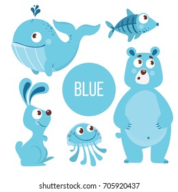 Blue Animals. Cute Characters for education card. Childish Stickers