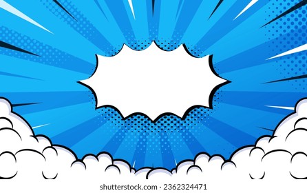 Blue Anime Comic Background With Symbol and Cloud Illustration. Halftone Vector. Comic Vector. Template Talk superhero.