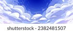 Blue anime sky background with fluffy cute curve shaped clouds. Cartoon vector illustration of sunny summer day cloudy heaven abstract scenery. Panoramic skyscape in clear sunshine weather.