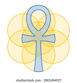 Blue Ankh fits perfect in gold colored Seed of Life. The handle cross, an Egyptian hieroglyphic symbol, within a geometric figure of overlapping circles, a spiritual pattern of Sacred Geometry. Vector