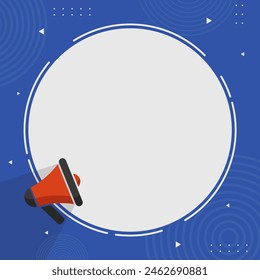 fondo cuadrado azul de la Plantilla del anuncio con el megáfono y espacio vacío blanco redondo para el texto