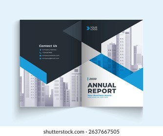 Blue annual report company brochure template A4 size printable design cover. Can be use to leaflet, brochure, layout design, portfolio, magazine, poster, corporate abstract presentation background.