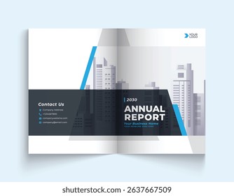 Blue annual report company brochure template A4 size printable design cover. Can be use to leaflet, brochure, layout design, portfolio, magazine, poster, corporate abstract presentation background.