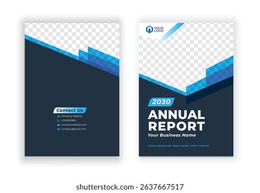 Blue annual report company brochure template A4 size printable design cover. Can be use to leaflet, brochure, layout design, portfolio, magazine, poster, corporate abstract presentation background.