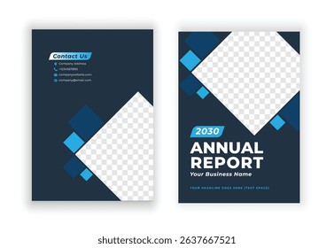 Blue annual report company brochure template A4 size printable design cover. Can be use to leaflet, brochure, layout design, portfolio, magazine, poster, corporate abstract presentation background.