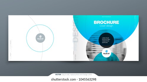 Blue Annual Report design. Horizontal cover template for brochure, report, catalog, magazine. Layout with gradient circle shapes and abstract photo background. Swiss style Annual Report concept