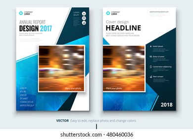 Blue Annual Report design with triangles. Corporate business template for Brochure, Catalog or Magazine. Layout with abstract triangular background. Modern creative poster or flyer concept