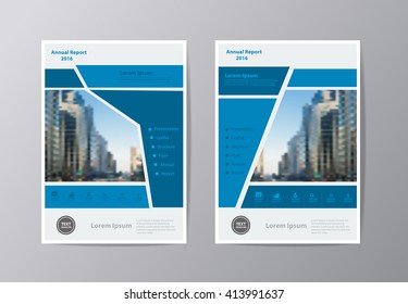 Blue annual report Leaflet Brochure Flyer template A4 size design, book cover layout design, Abstract presentation templates ( Modern city skyline blurred background )