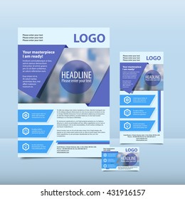 Informe anual azul con el folleto modelo y la plantilla de diseño de tarjetas de presentación