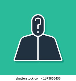 Blue Anonymous man with question mark icon isolated on green background. Unknown user, incognito profile, business secrecy, obscurity.  Vector Illustration