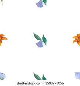 Blue Anthurium Tailflower. Orange Daylily. Purple Bllflower. Vector illustration. Seamless background pattern. Floral botanical flower. Wild leaf wildflower isolated. Exotic tropical hawaiian.