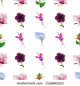 Blue Anthurium Tailflower. Pink Magnolia. Green bird of paradise. Violet Petunia. Pink and Purple Fuchsia Bella. Vector illustration. Seamless background pattern. Floral botanical flower. Wild leaf.