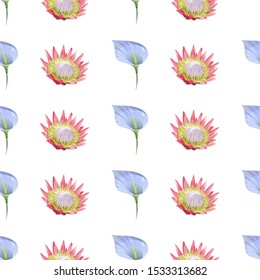 Blue Anthurium Tailflower. Pink Protea. Vector illustration. Seamless background pattern. Floral botanical flower. Wild leaf wildflower isolated. Exotic tropical hawaiian jungle. Fabric wallpaper.